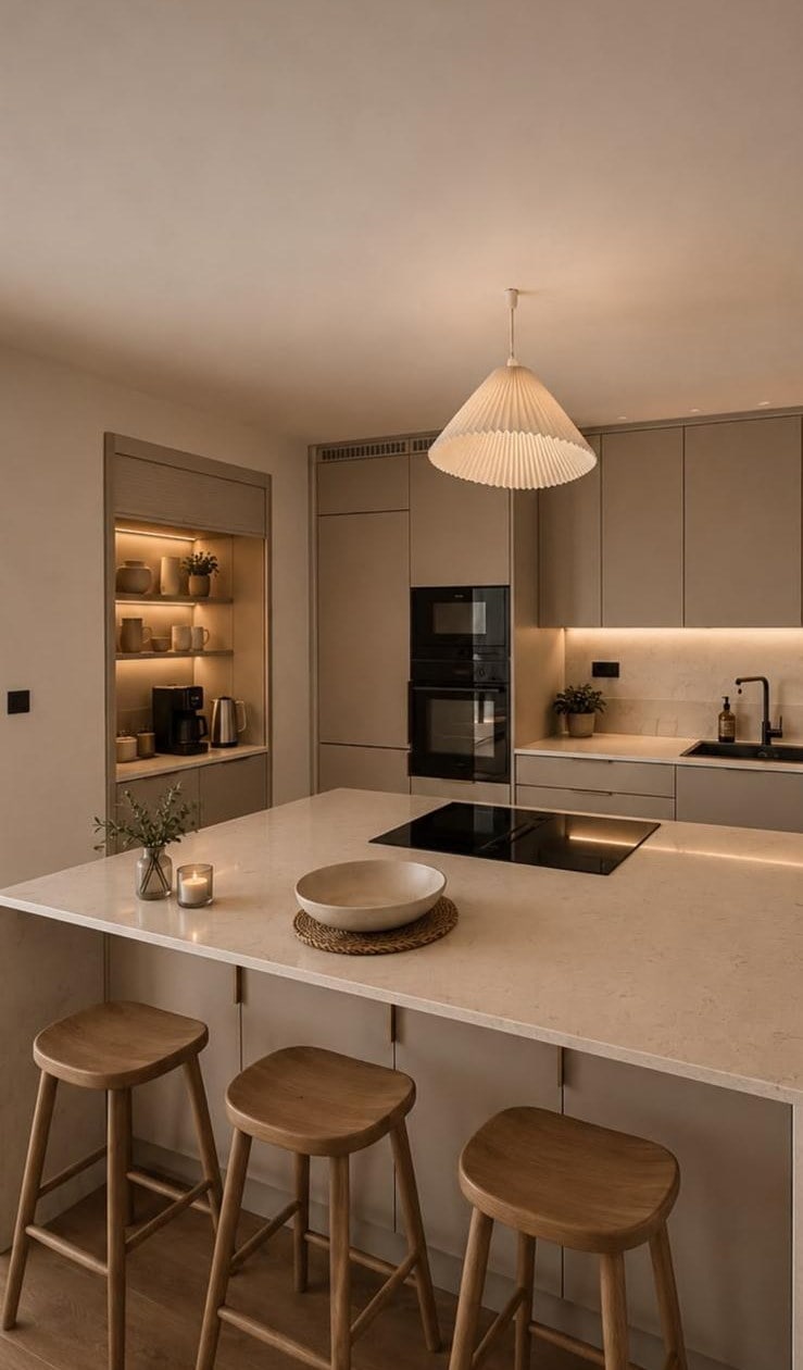 The kitchen and its island, open to the dining room.
