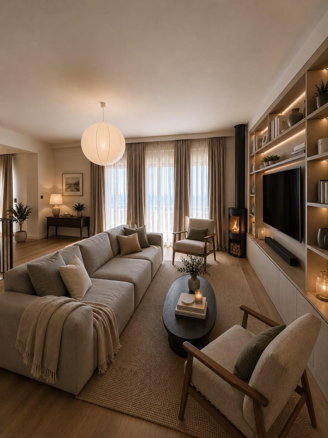 The sitting room, with the wood burner and the long sofa.