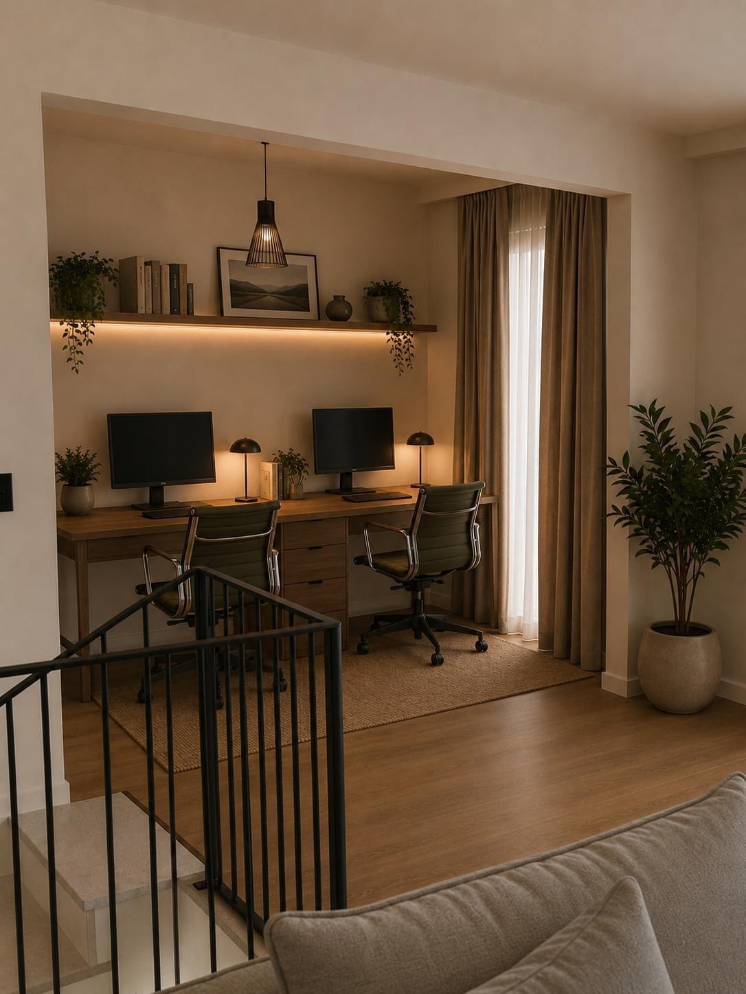 The study on the landing, two desks facing the window.
